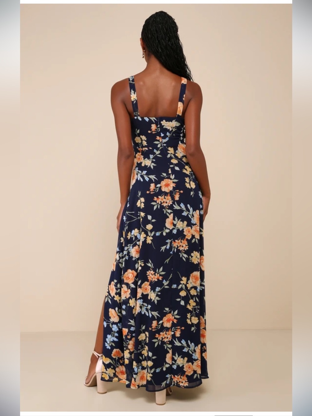Lulu's Navy Floral Maxi Dress with Peach Blooms - Picture 3 of 13